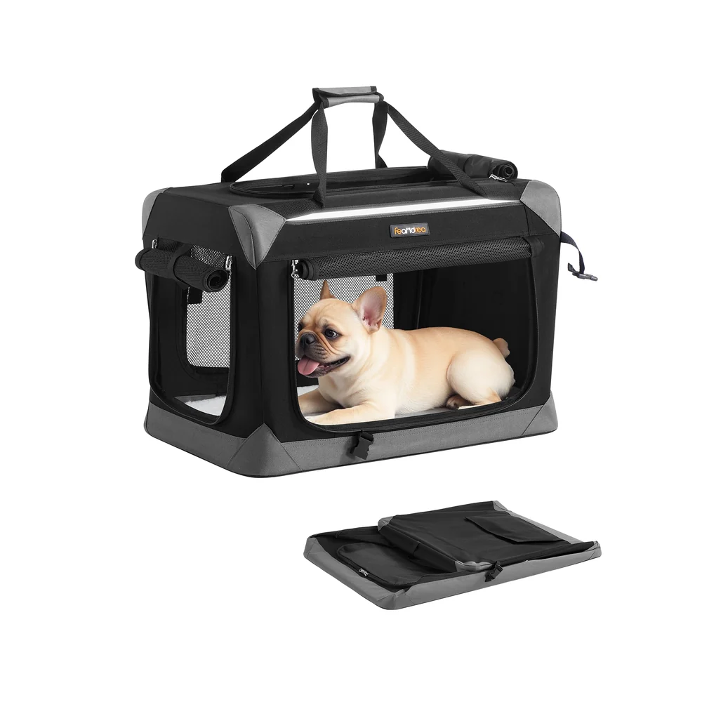 Collapsible fabric dog crate with mesh doors for travel