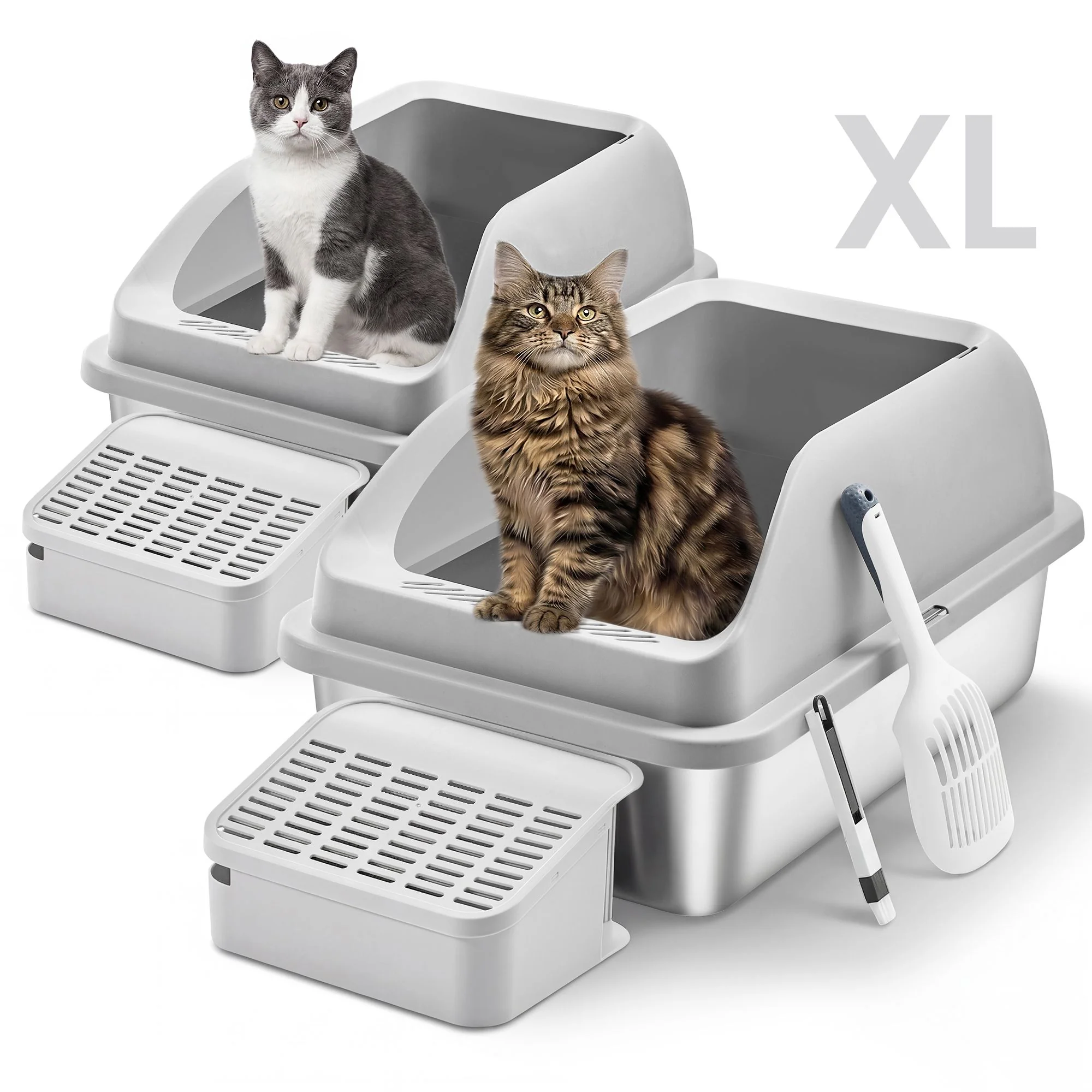 Feandrea 2 Pack Stainless Steel Cat Litter Boxes with Open Top