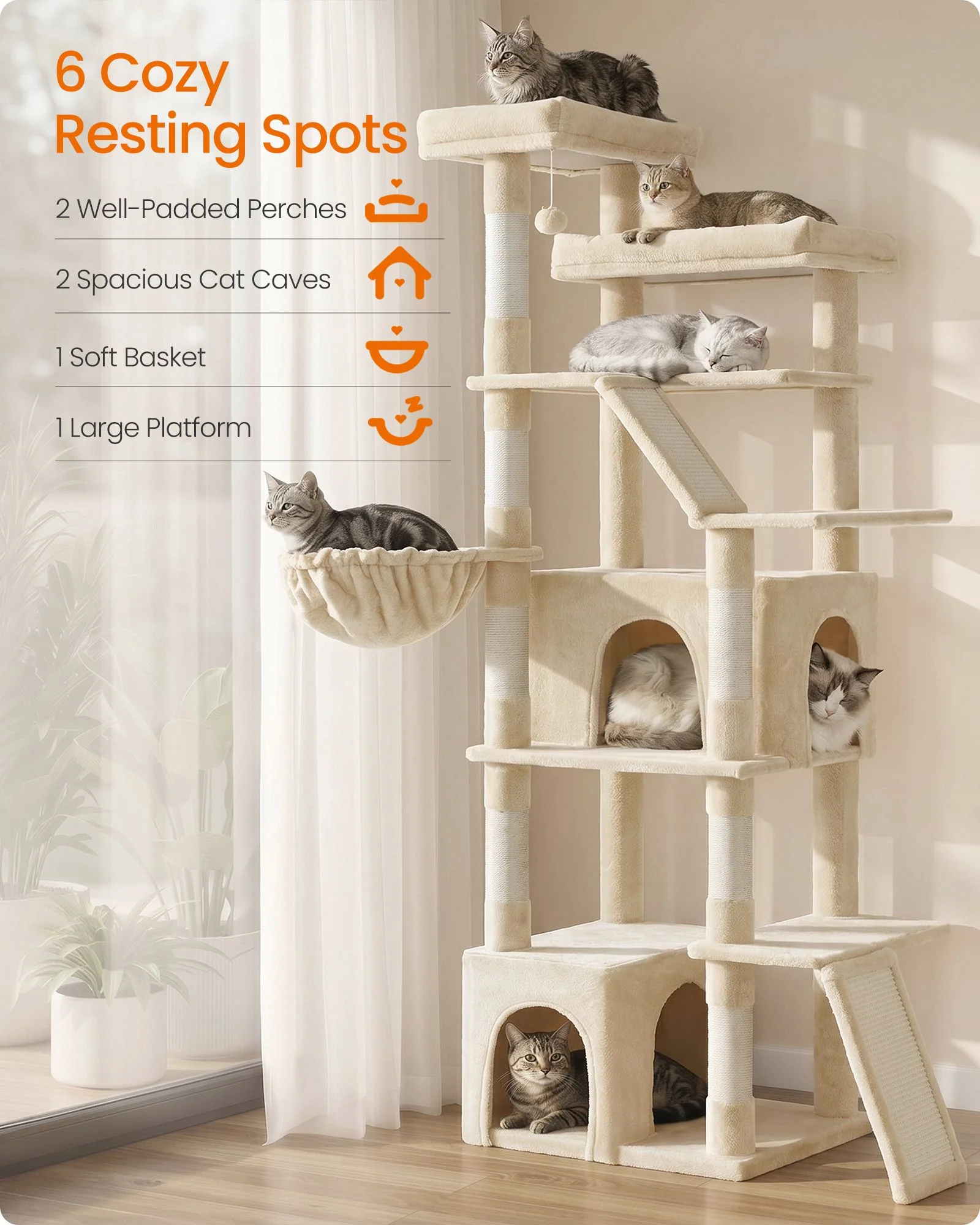 Feandrea 72.6-Inch Tall Cat Tree Tower for Indoor Extra Large Cats - Image 3