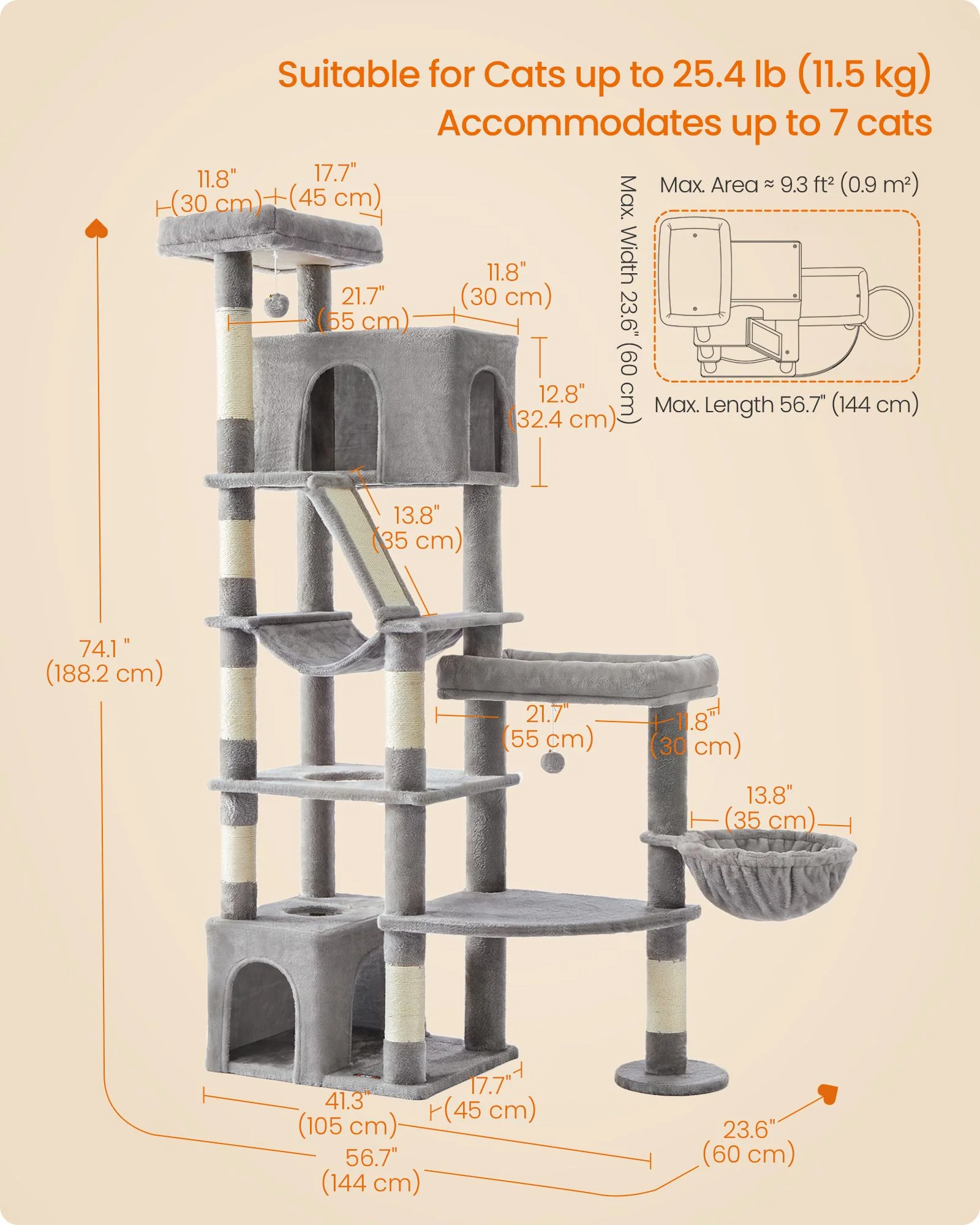Feandrea 74.1-Inch Cat Tree Tower for Indoor Extra Large Cats, with Scratching Posts