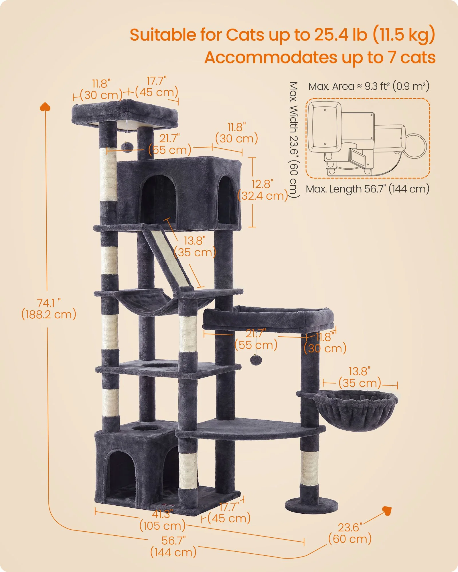 Feandrea 74.1-Inch Cat Tree Tower for Indoor Extra Large Cats, with Scratching Posts - Image 2