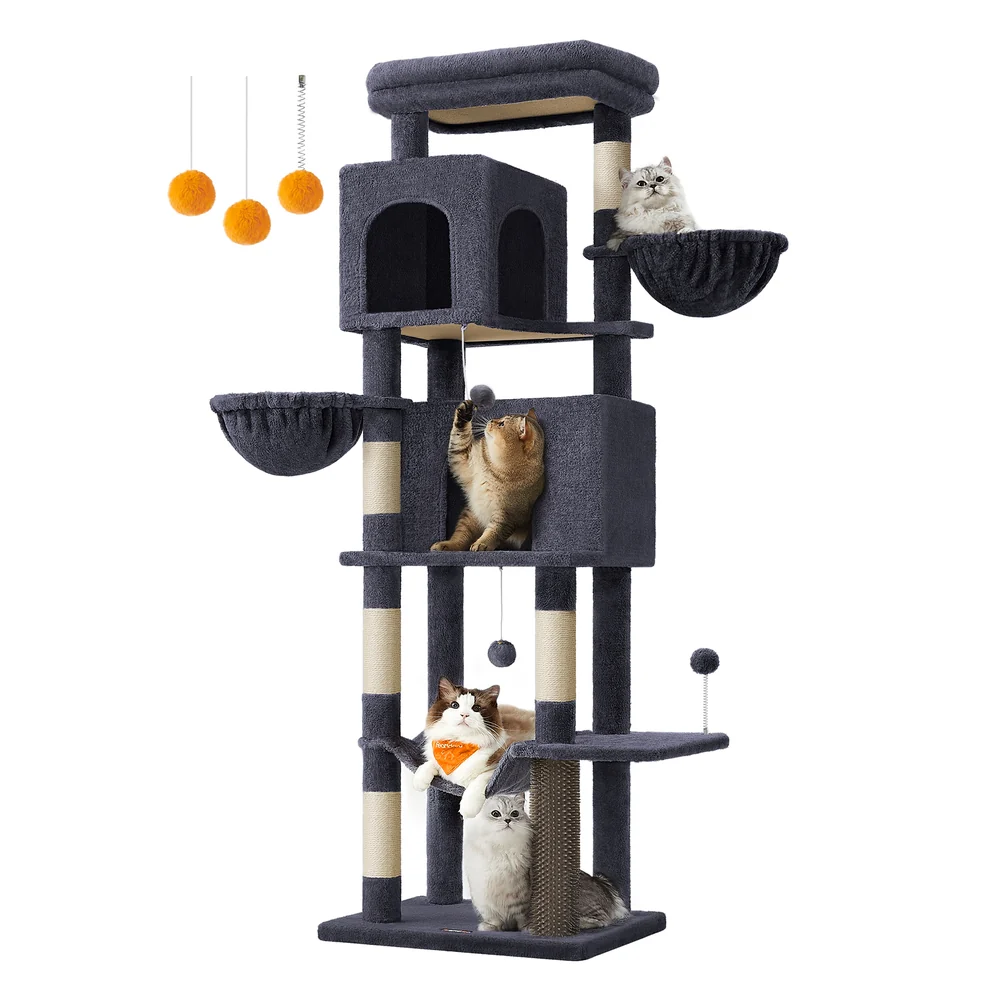 69-Inch Tall Cat Tower with 2 Caves - Image 2