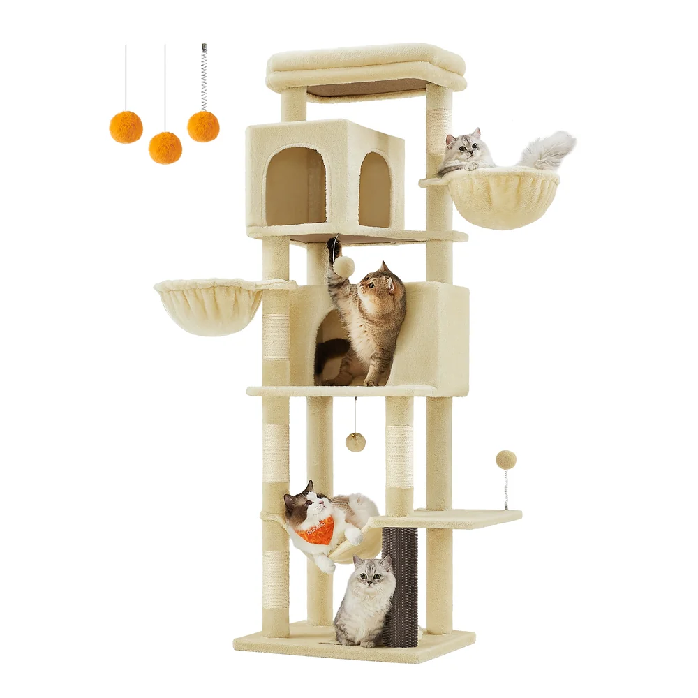 69-Inch Tall Cat Tower with 2 Caves - Image 3