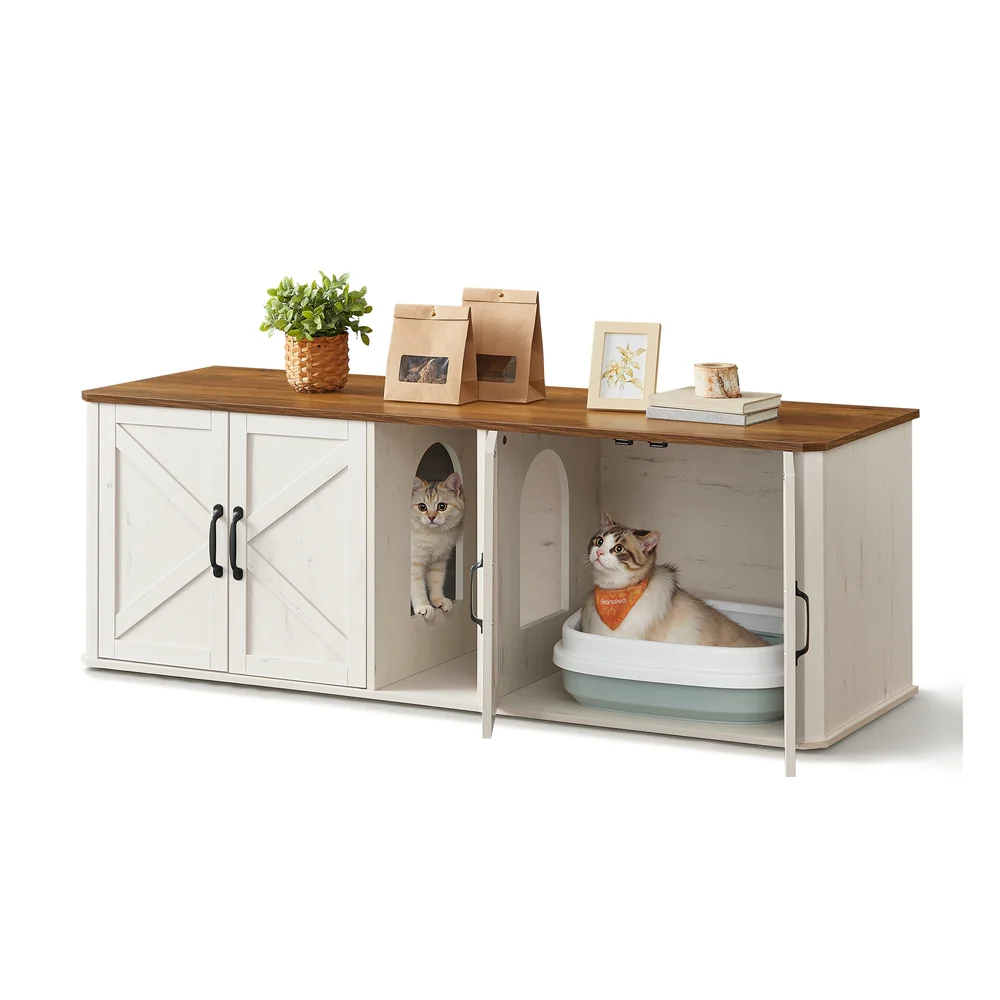 Feandrea Double Cat Litter Box Enclosure, Modern Litter Box Furniture Hidden for 2 Cats