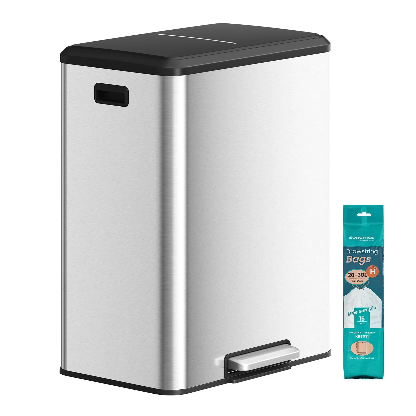 Stainless steel dual pedal trash can for kitchen recycling - Image 3
