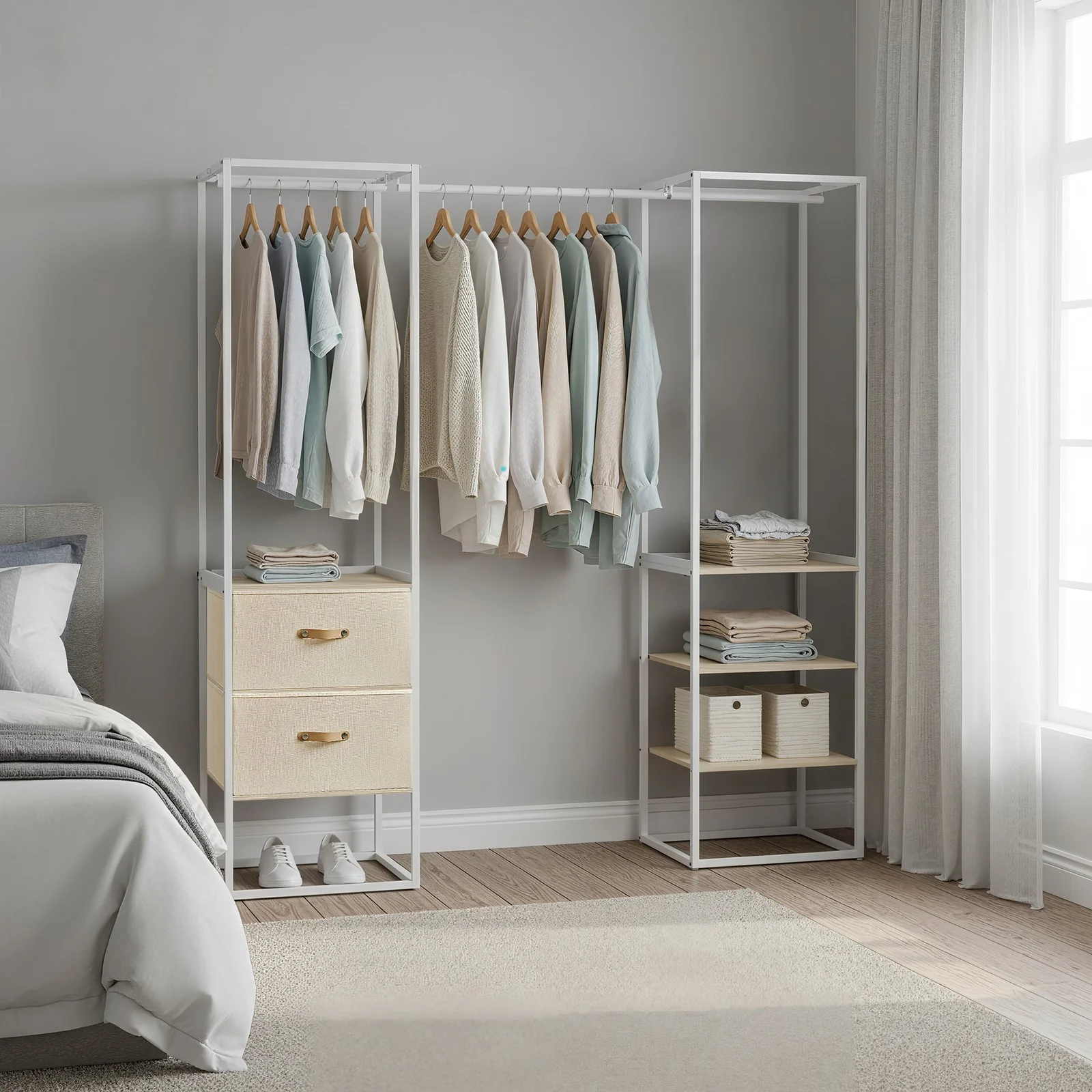 Freestanding heavy duty clothes rack with extendable hanging rod