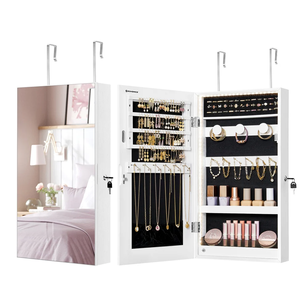 Wall-Mounted Mirror Jewelry Cabinet Armoire with LED Lights