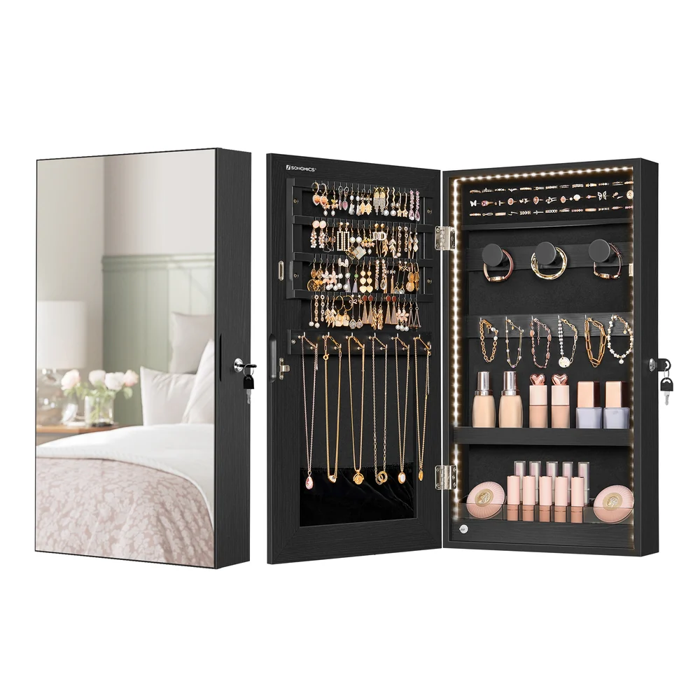 Wall-Mounted Mirror Jewelry Cabinet Armoire with LED Lights - Image 2