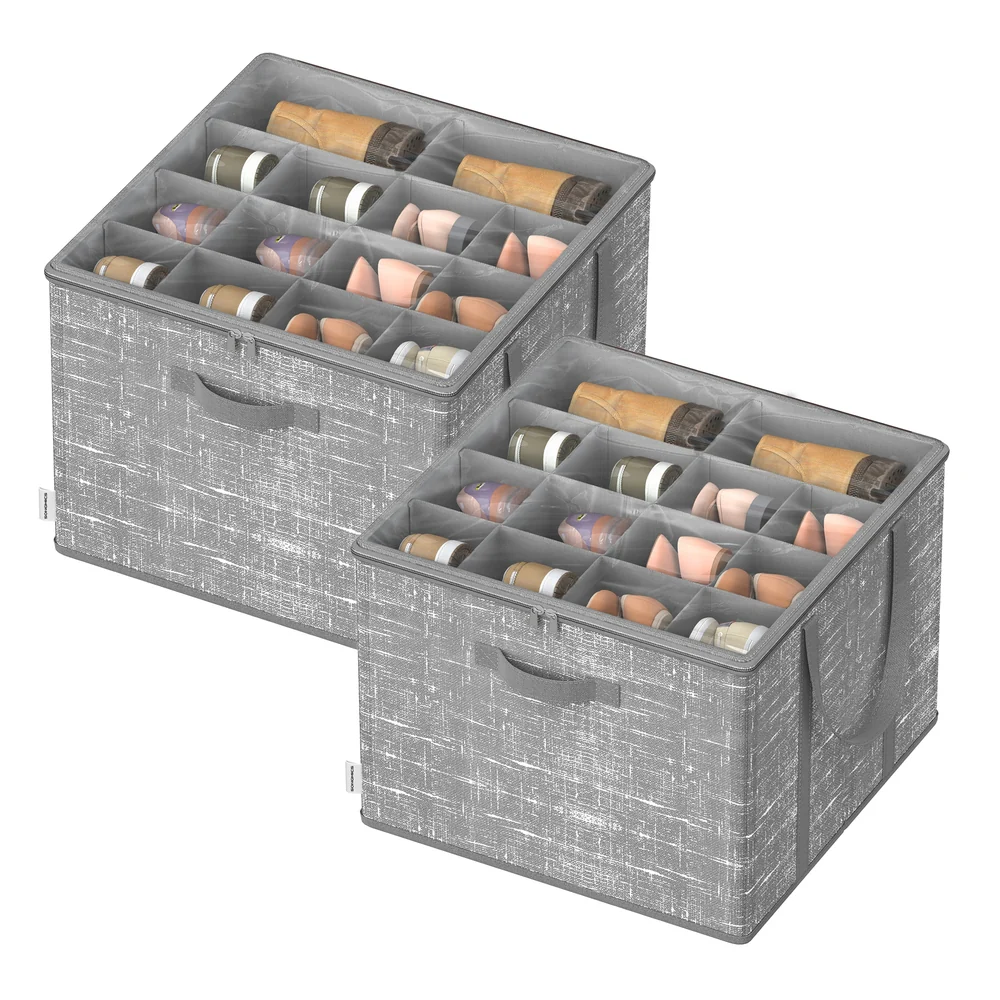 Fabric shoe organizer bin with handles and clear cover