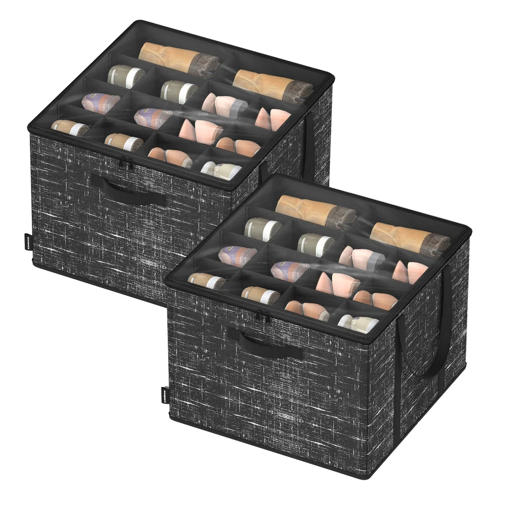 Fabric shoe organizer bin with handles and clear cover - Image 2