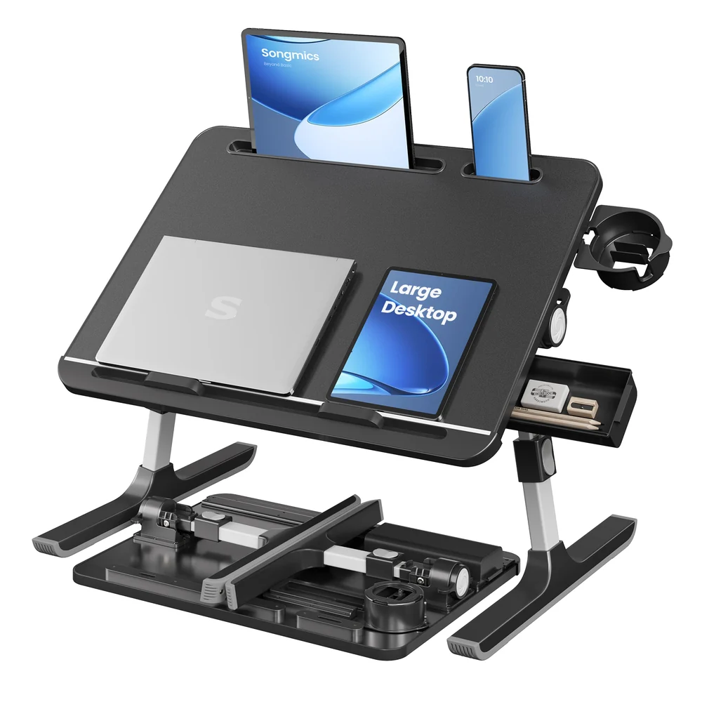 Foldable bed laptop desk with adjustable tilt and cup holder