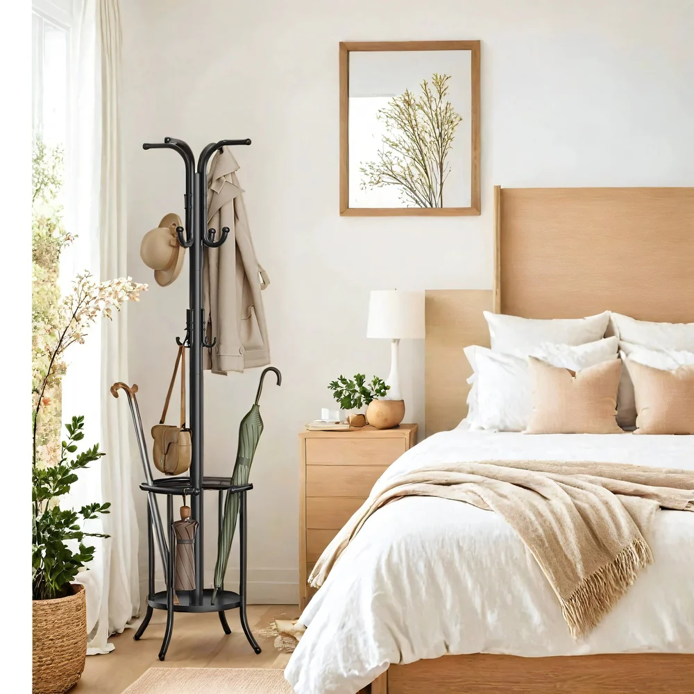 Metal coat rack stand with umbrella holder for entryway and hall