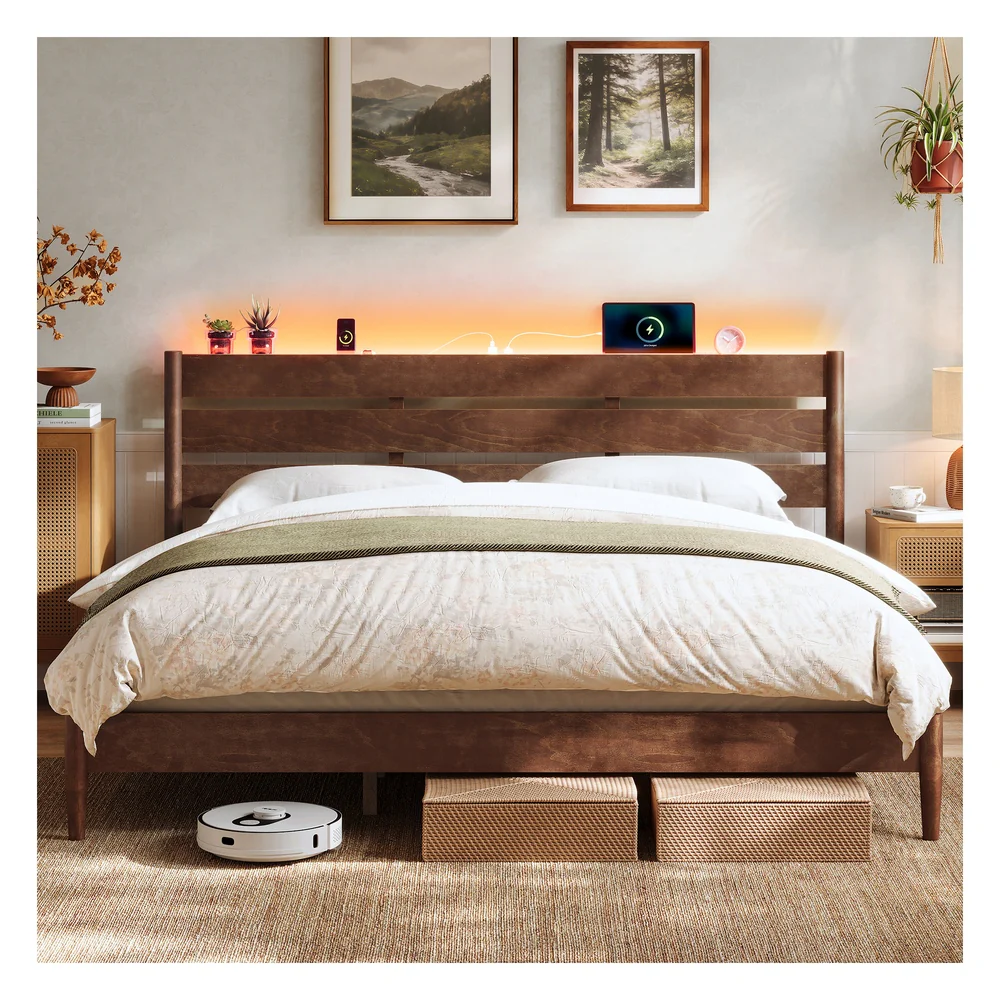 Mid-Century Modern Bed Frame with LED Headboard & Charging Station - Image 6