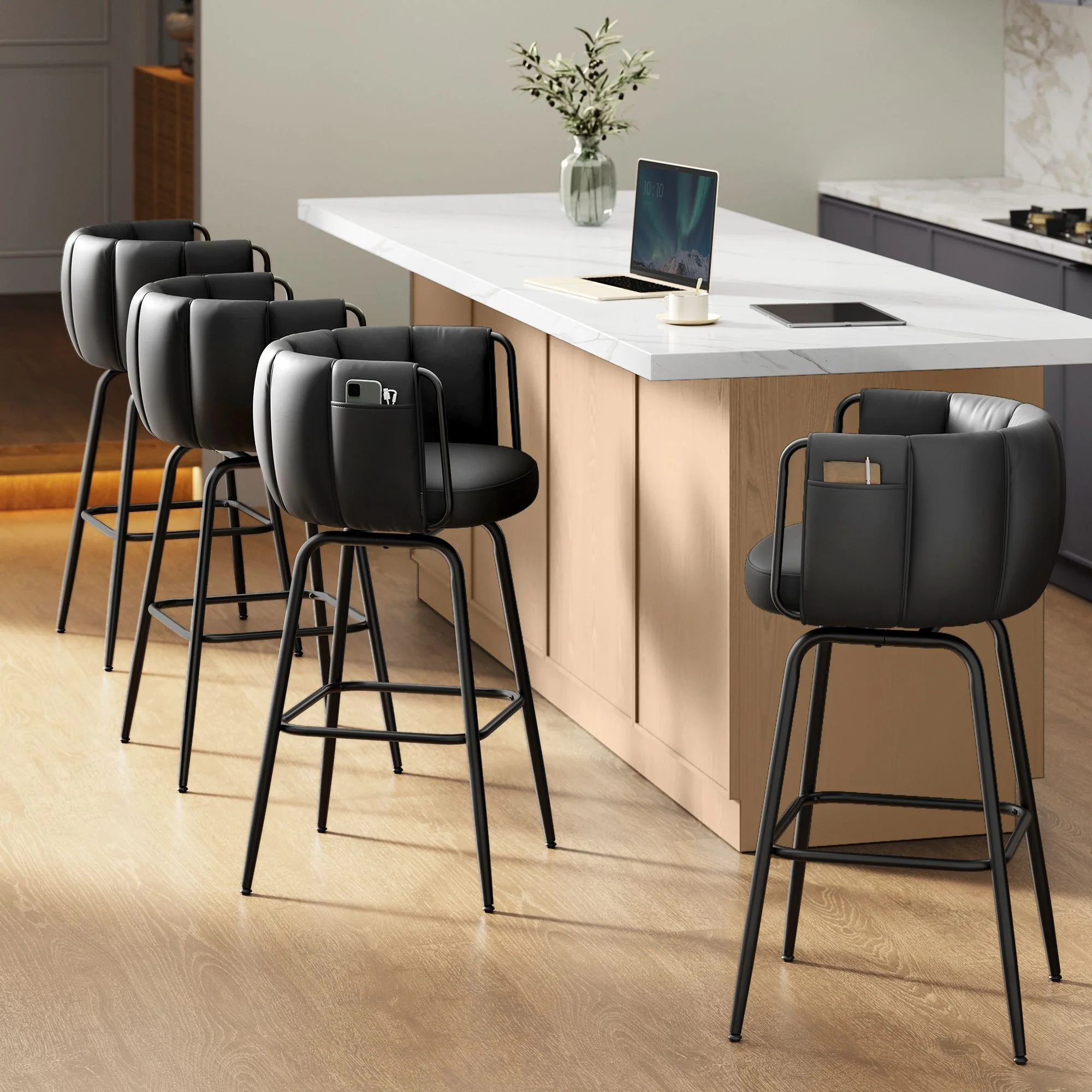 SONGMICS HOME 360° Swivel Bar Stools Set of 4, Barstools with Curved Back,Ink Black