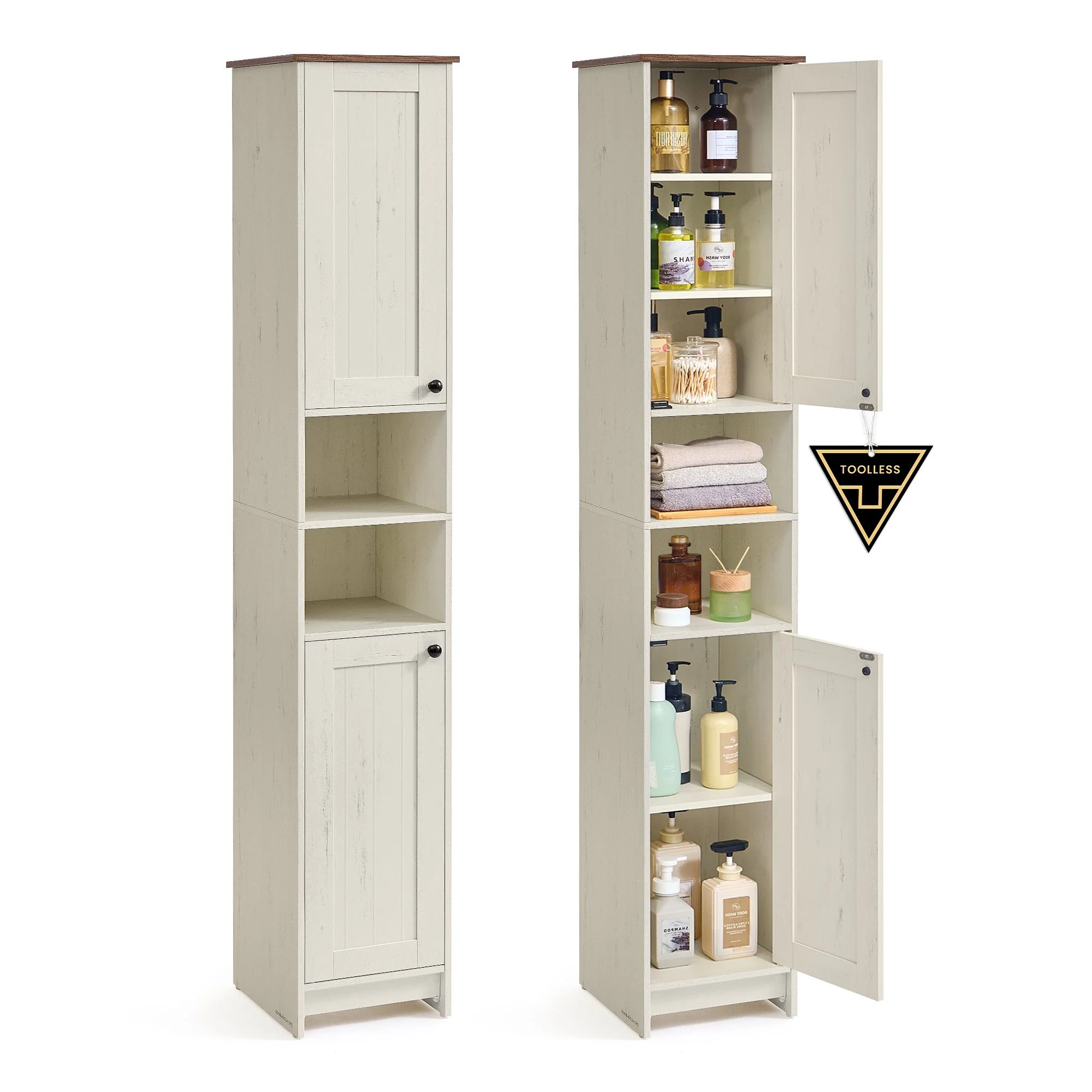 Slim freestanding storage cabinet with adjustable shelves