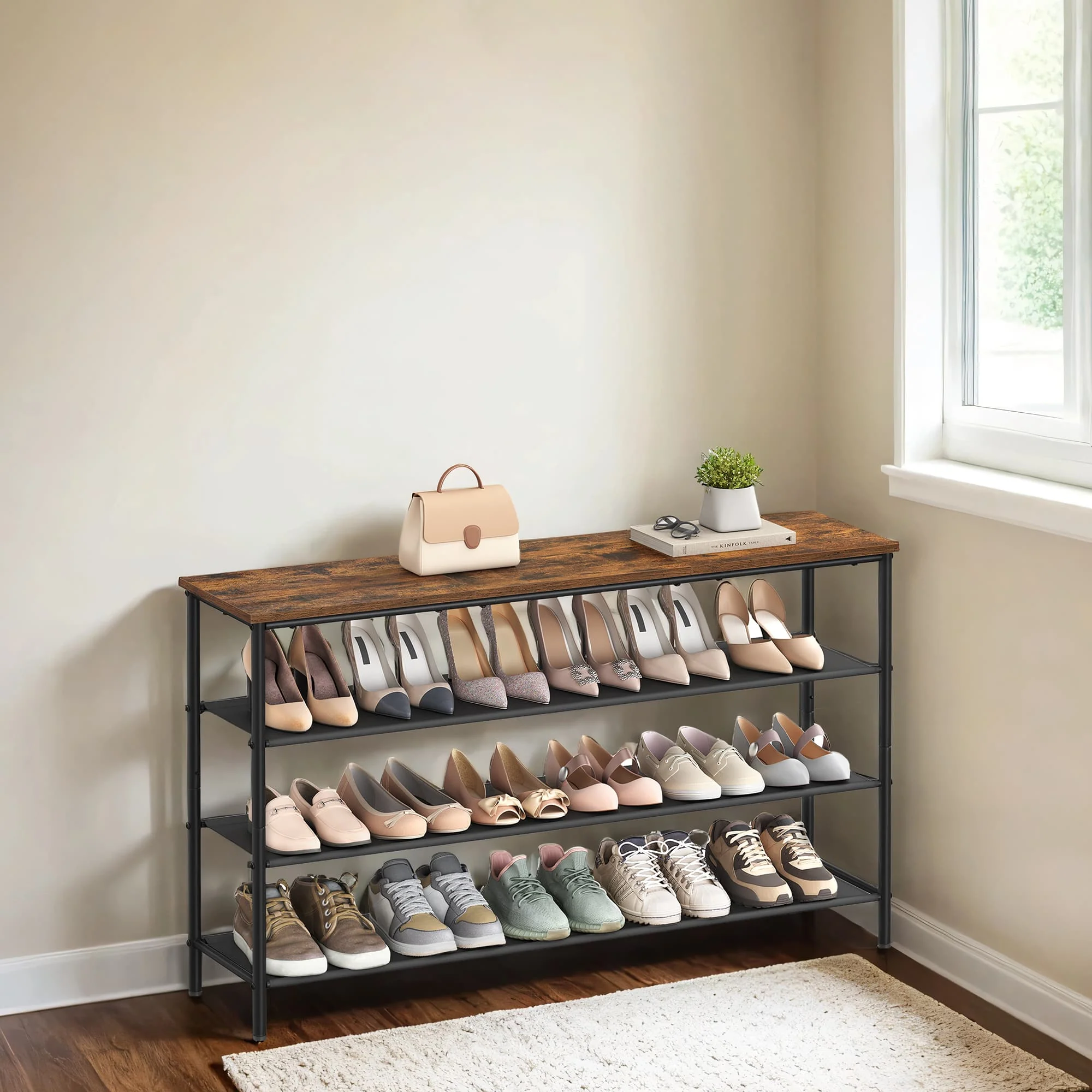 Shoe storage shelf with fabric tiers for entryway or closet