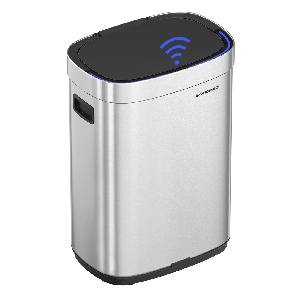 Kitchen Trash Can, 17.2-Gallon (65 L) Motion Sensor Garbage Can, Stainless Steel Trash Bin, Ozone Odor Control, Stay-Open, Metallic Silver