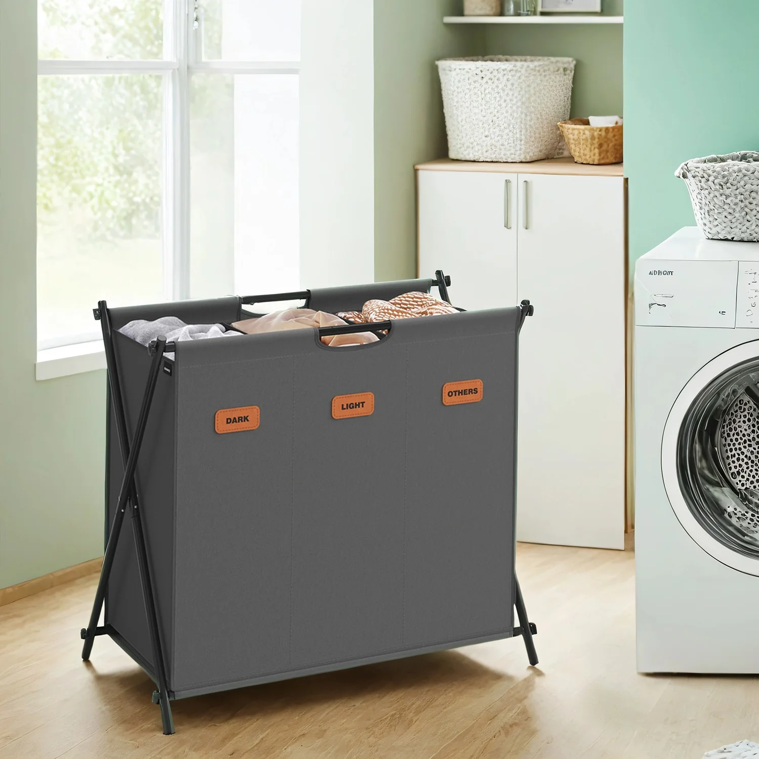 Foldable multi section laundry baskets with labels for home