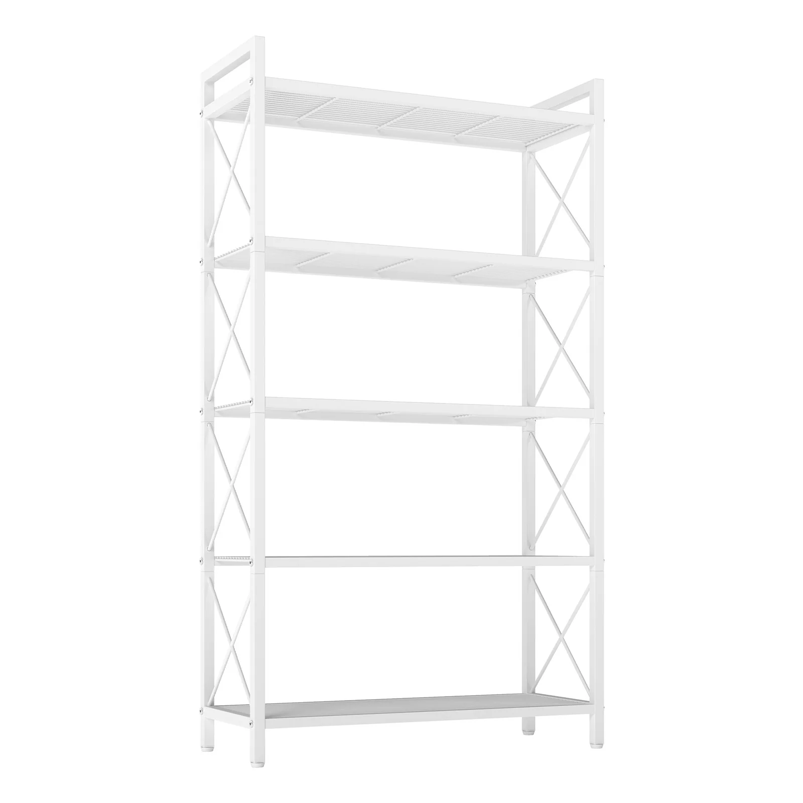 Metal shelving unit for versatile storage for entryway and kitchen