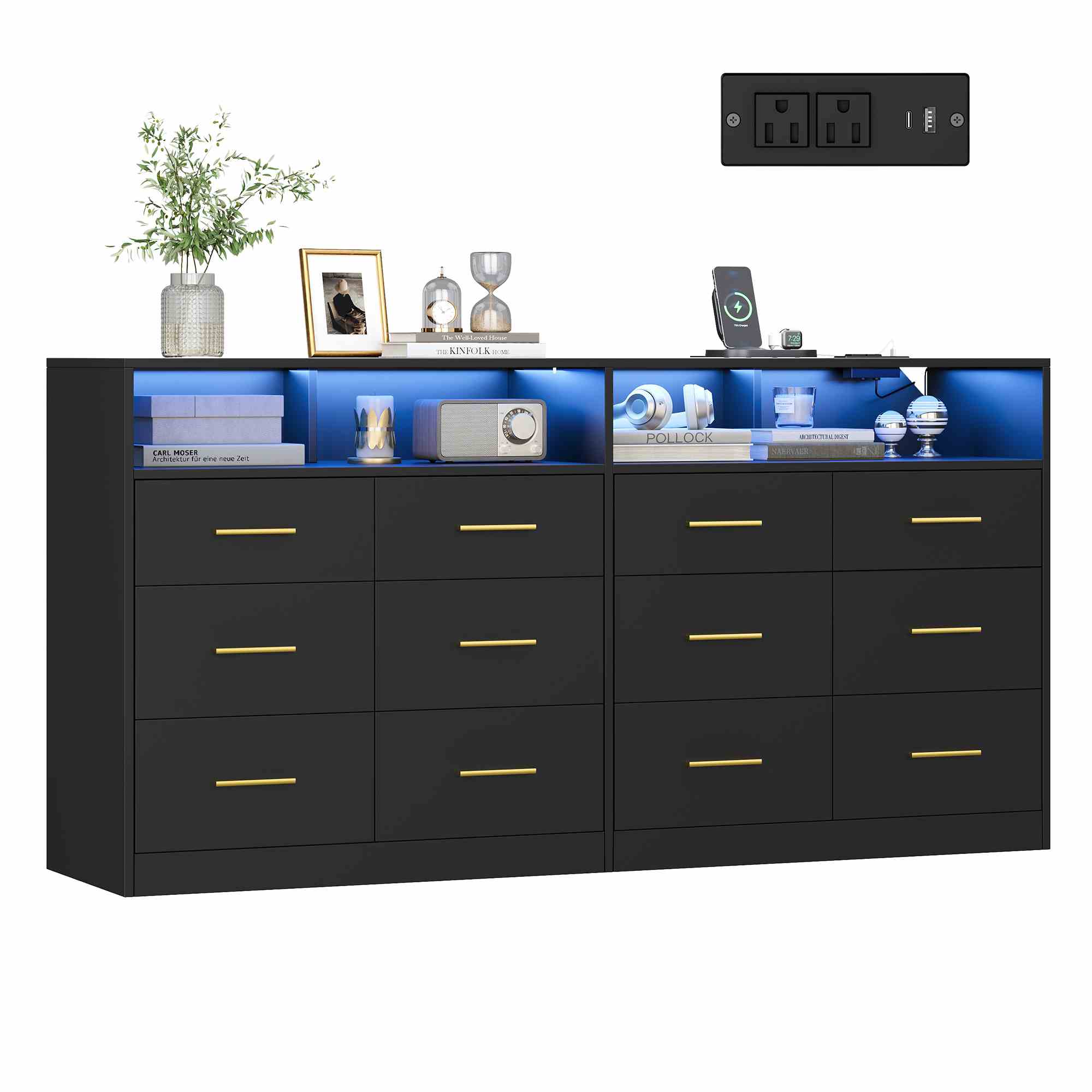 Modern Dresser with LED Lights and Power Strip for Bedroom