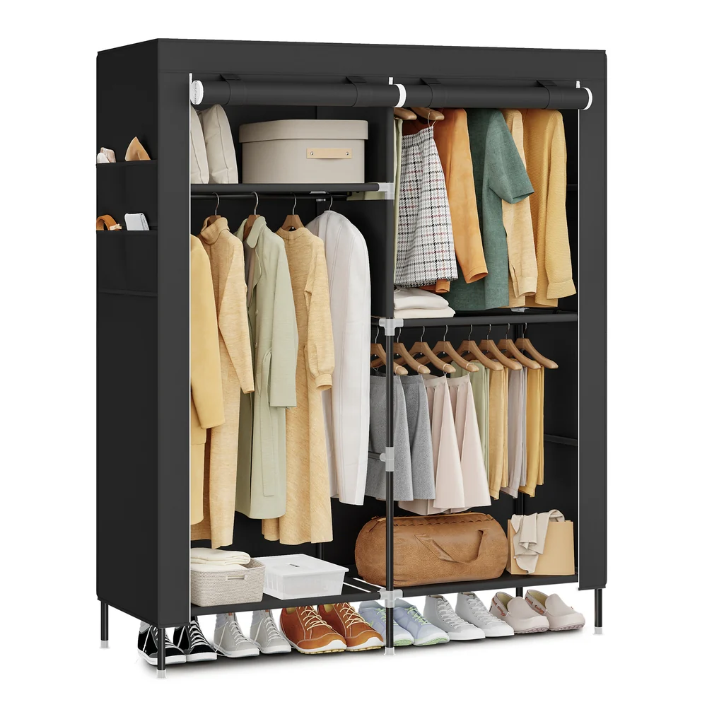 Fabric portable closet with shelves and hanging rods