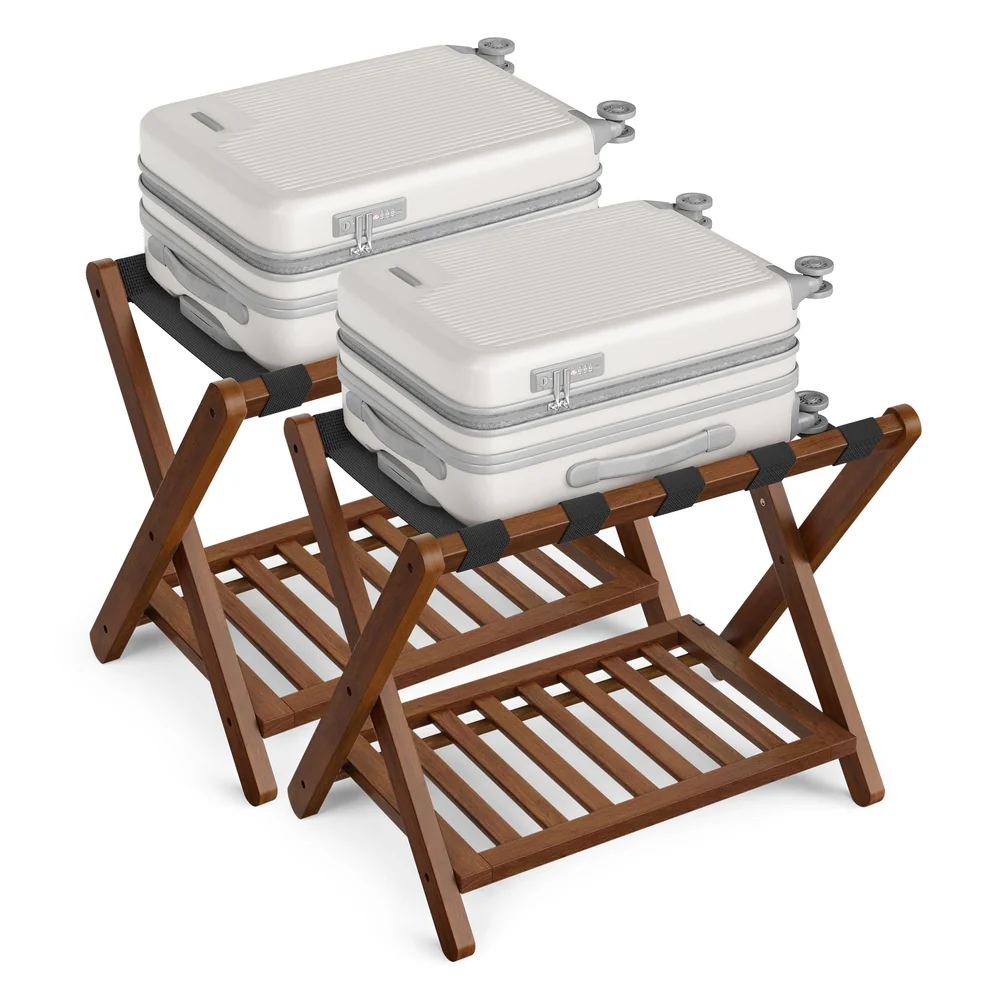 Solid Wood Luggage Racks, Set of 2, No Assembly Required, Foldable Suitcase Stand, Luggage Holder, with Storage Shelf, for Guest Room, Hotel, Bedroom, Coffee Brown