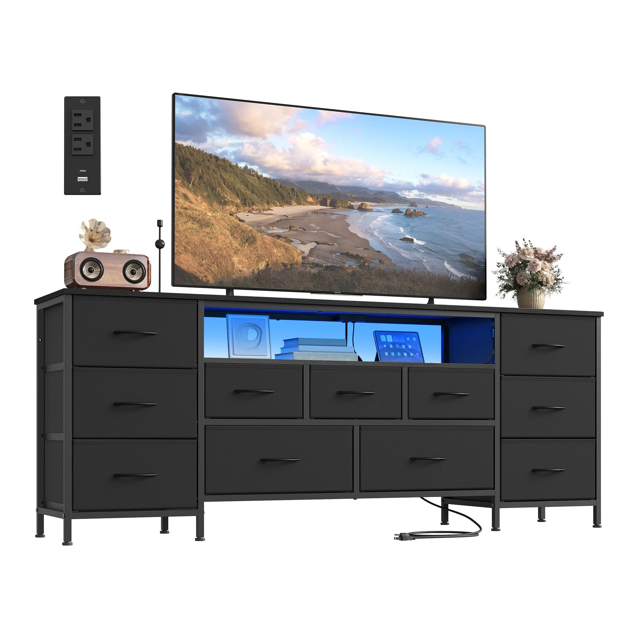 SONGMICS BELLAH Collection - TV Stand for TVs Up to 70 Inches, Dresser for Bedroom, Living Room, Chest of Drawers, Steel, 11 Drawers and Shelf, Modern