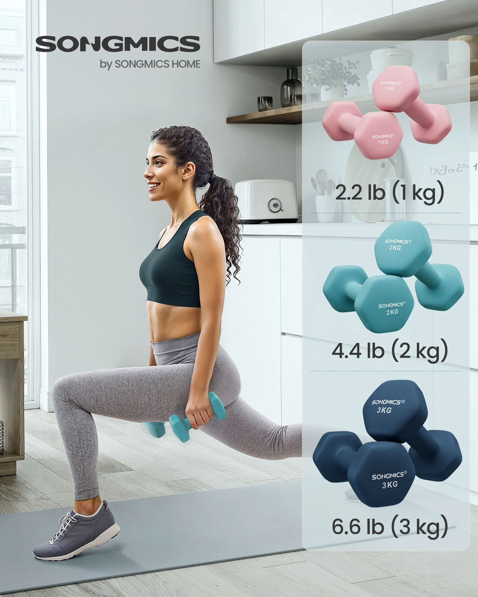SONGMICS Hex Dumbbells Set with Stand - 2 x 1 kg, 2 x 2 kg, 2 x 3 kg, Neoprene Matte Finish, Hand Weights for Home Exercise, Pink, Aqua, and Blue