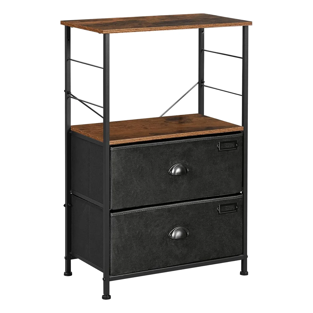 SONGMICS Nightstand, Industrial Bedside Table with 2 Fabric Drawers, Storage Shelves, Vertical Dresser Storage Tower with Wooden Top, Metal Frame, Labels, Rustic Brown and Black ULVT03H