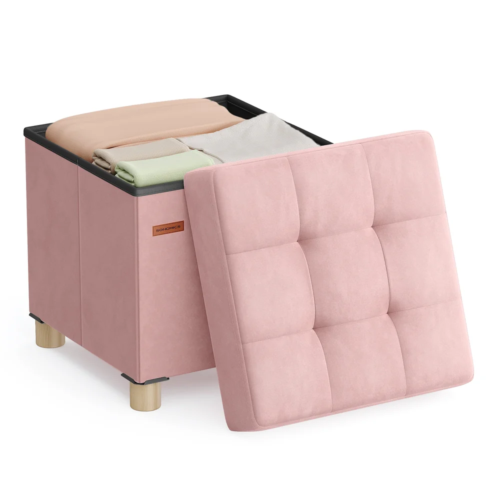 SONGMICS Small Storage Ottoman, Folding Ottoman Cube, 15 x 15 x 15.7 Inches, Footstool, Footrest, 9.8 Gal. (37 L), Velvet Surface, for Bedroom, Living Room, Dorm
