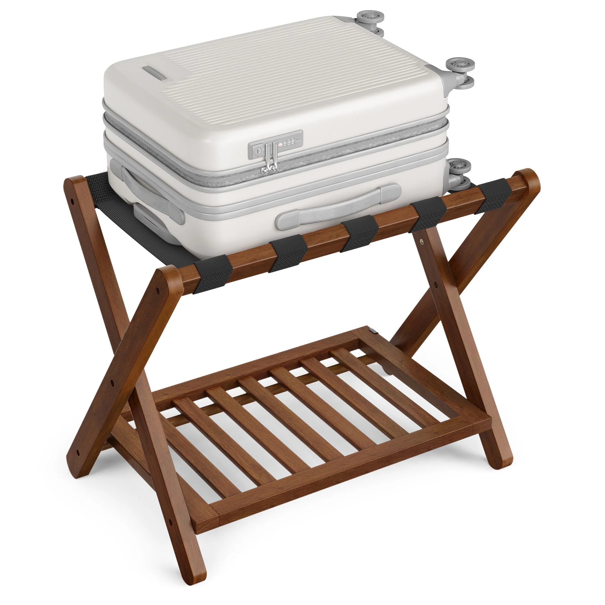 SONGMICS Solid Wood Luggage Rack, No Assembly Required, Foldable Suitcase Stand