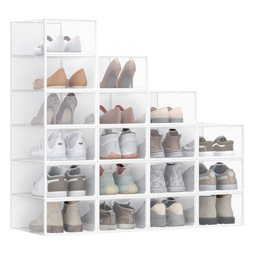 Stackable plastic shoe storage boxes for closet and bedroom