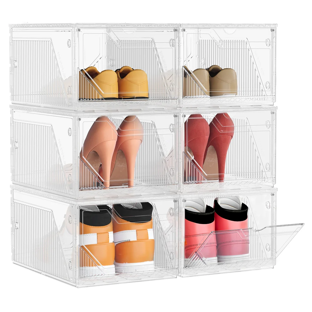 Stackable plastic shoe storage boxes with magnetic doors