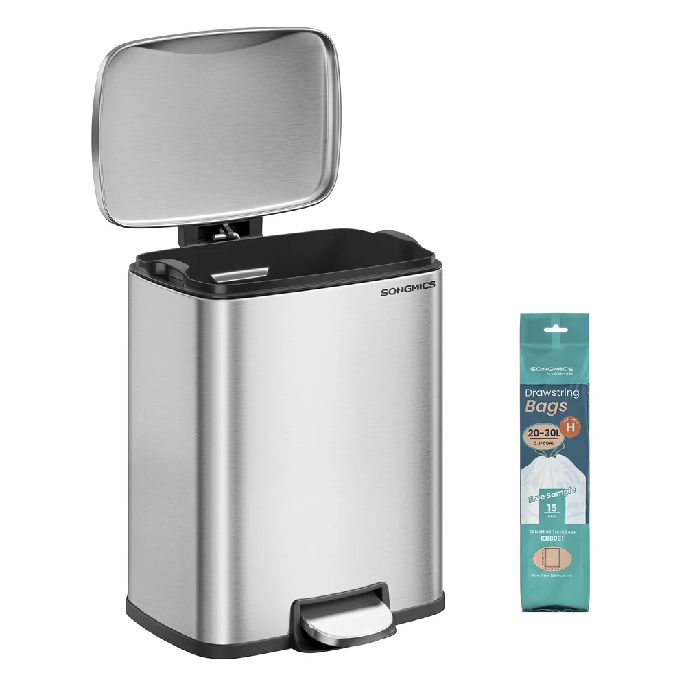 Stainless steel kitchen trash can with soft close lid and inner bucket