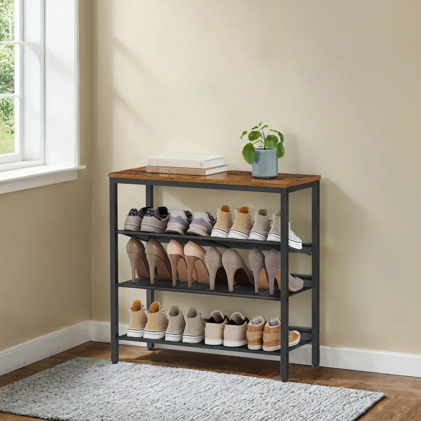 Four tier shoe storage rack with adjustable mesh shelves