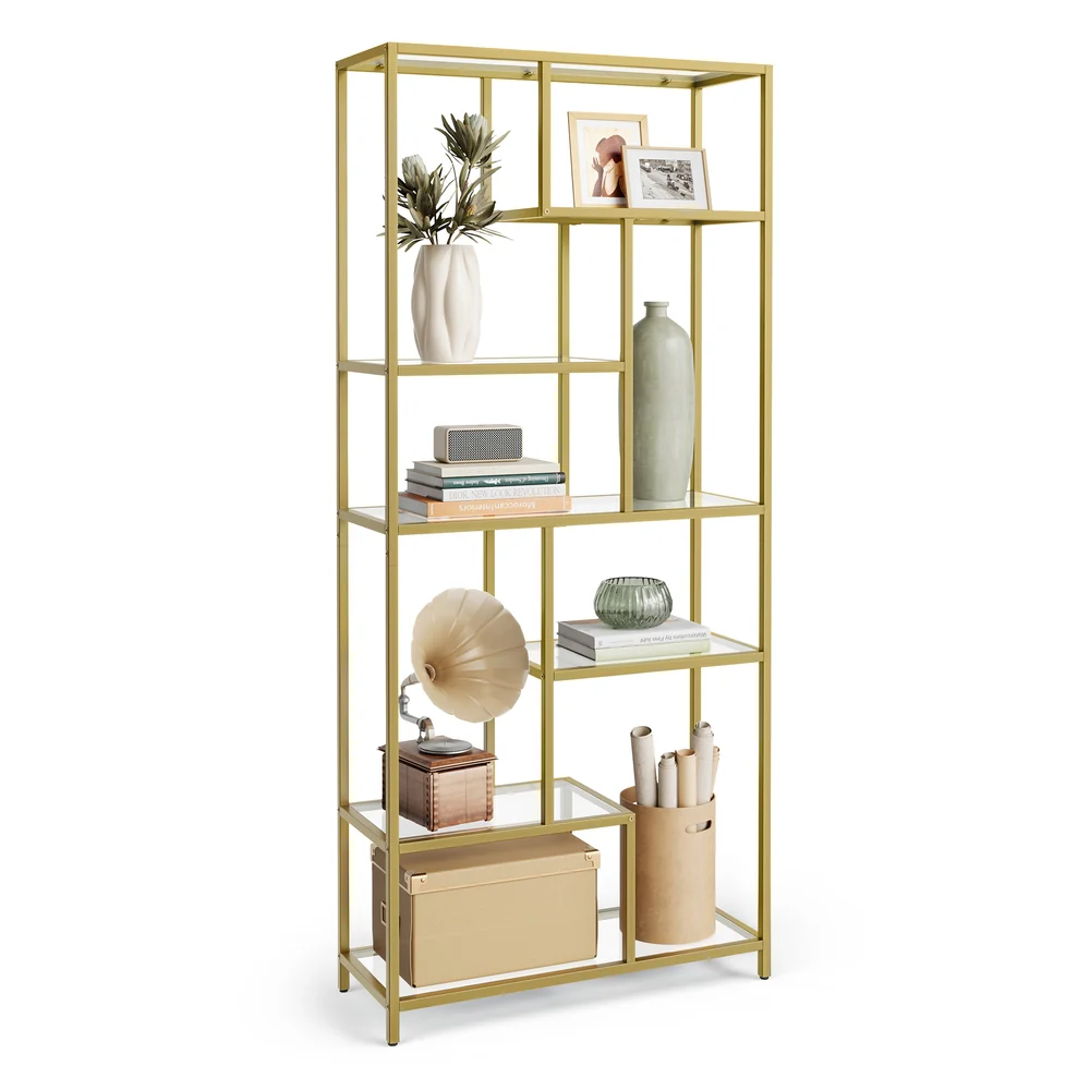 6-Tier Tall Bookshelf with Tempered Glass Shelves