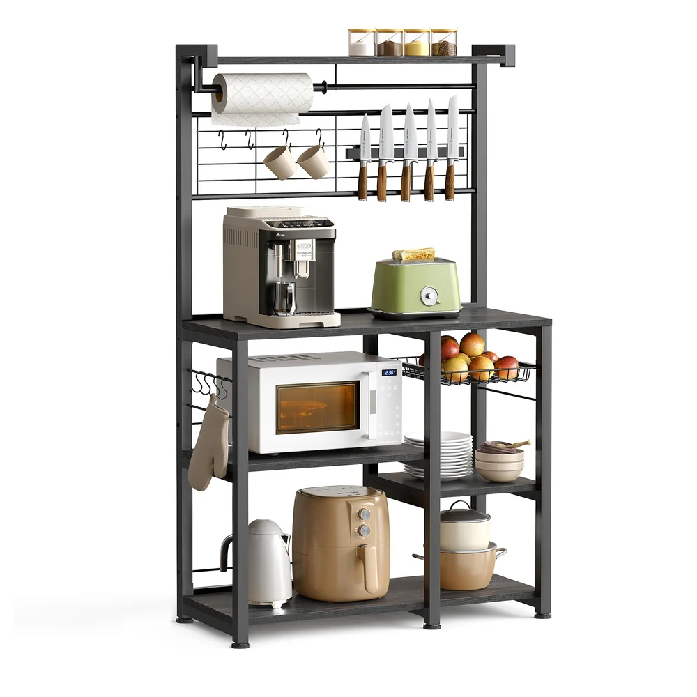 Bakers Rack with Magnetic Knife Holder, Basket and Hooks - Image 3