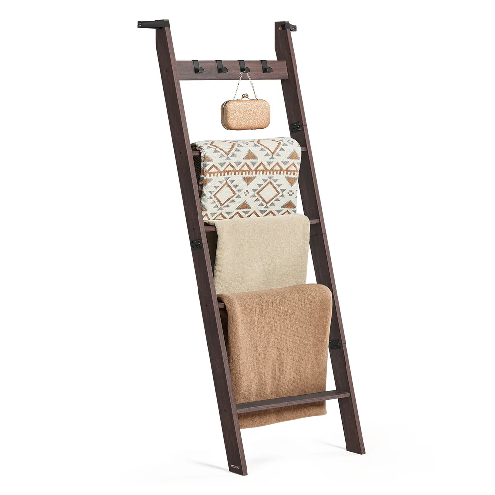 Decorative Farmhouse Blanket Ladder Shelf with Removable Hooks