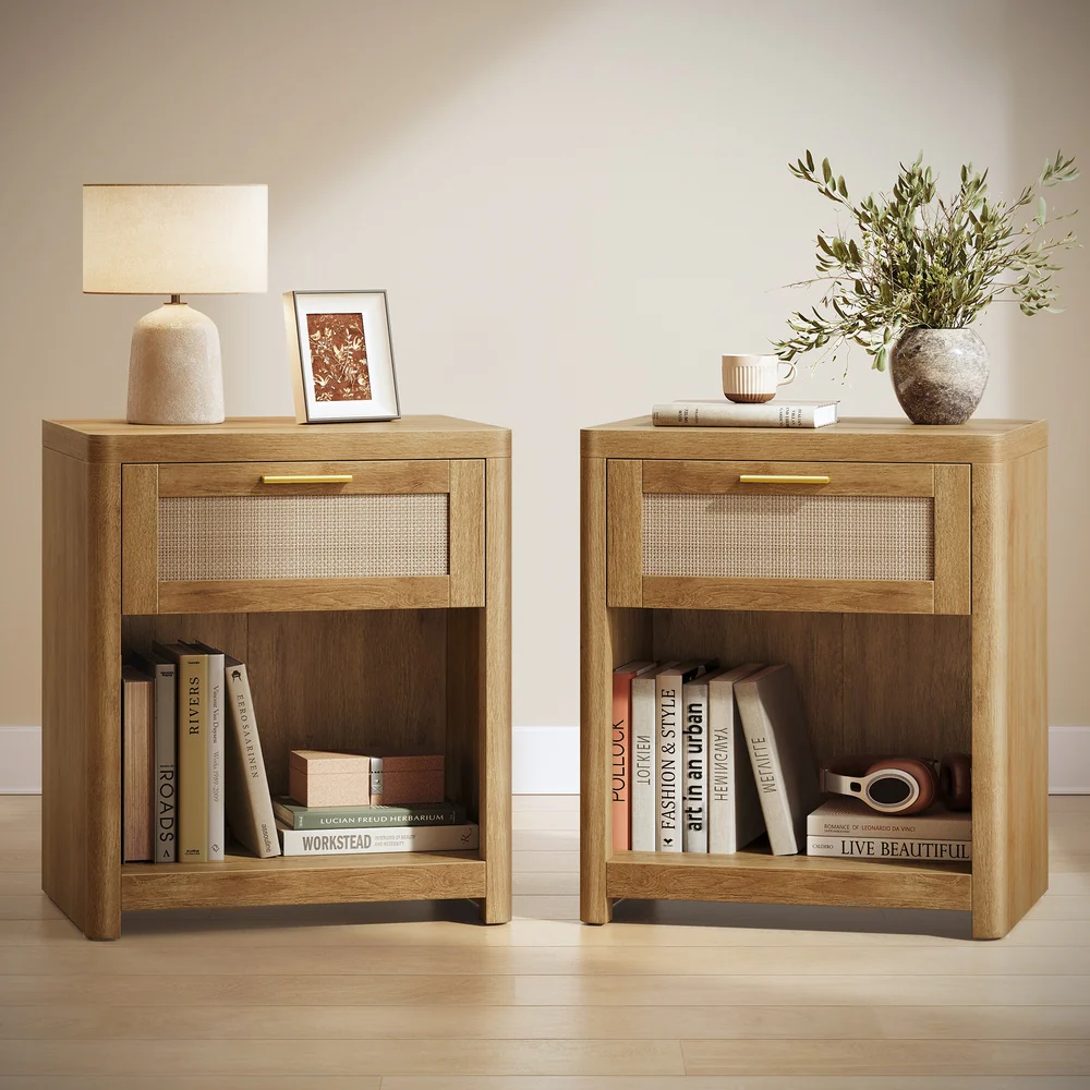 ELLAN Collection - Boho nightstand with drawer and open shelf