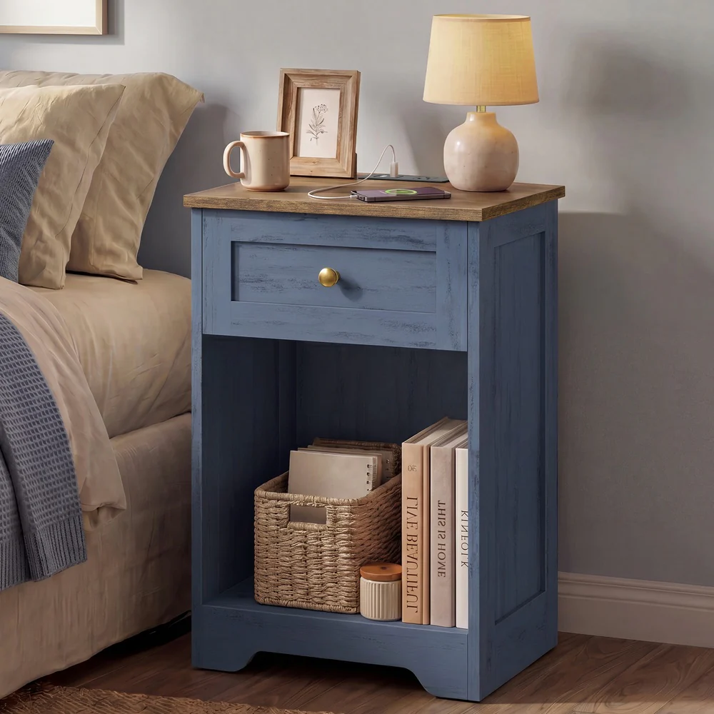 Farmhouse nightstand with charging station and drawer
