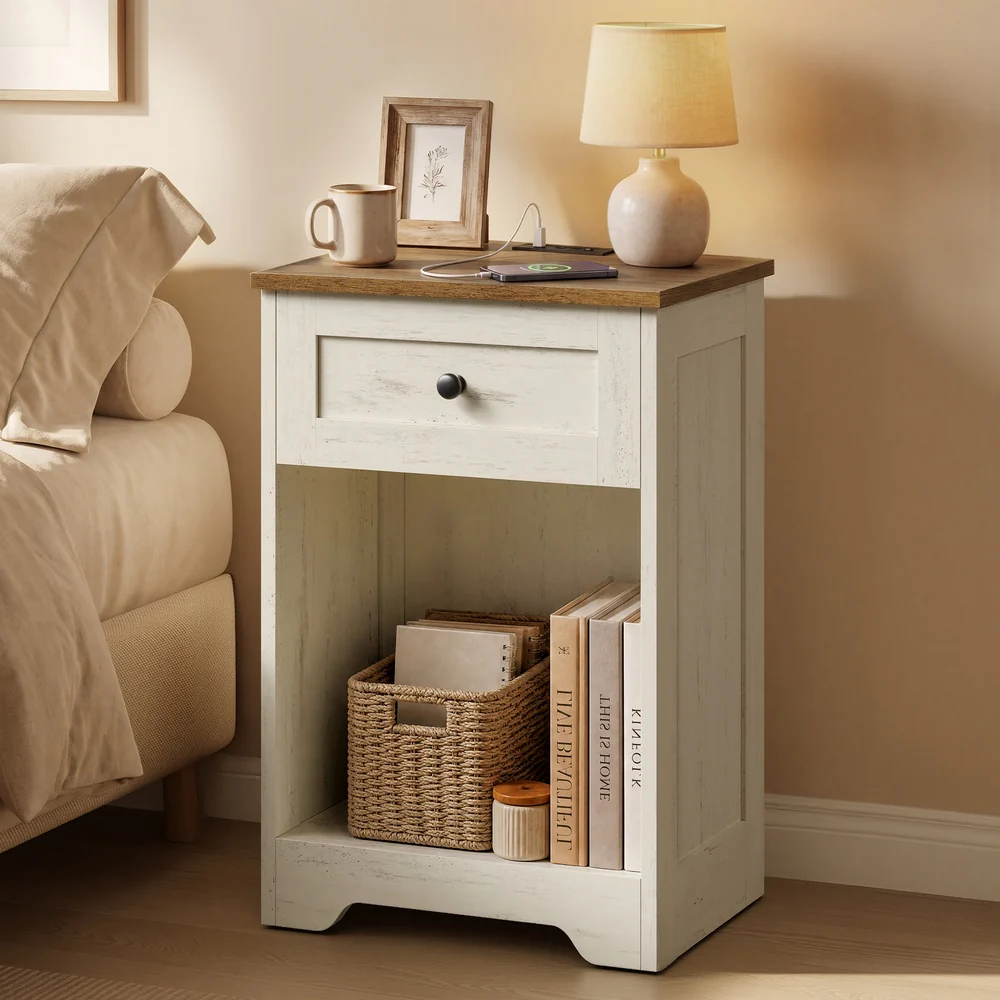 Farmhouse nightstand with charging station and drawer - Image 2