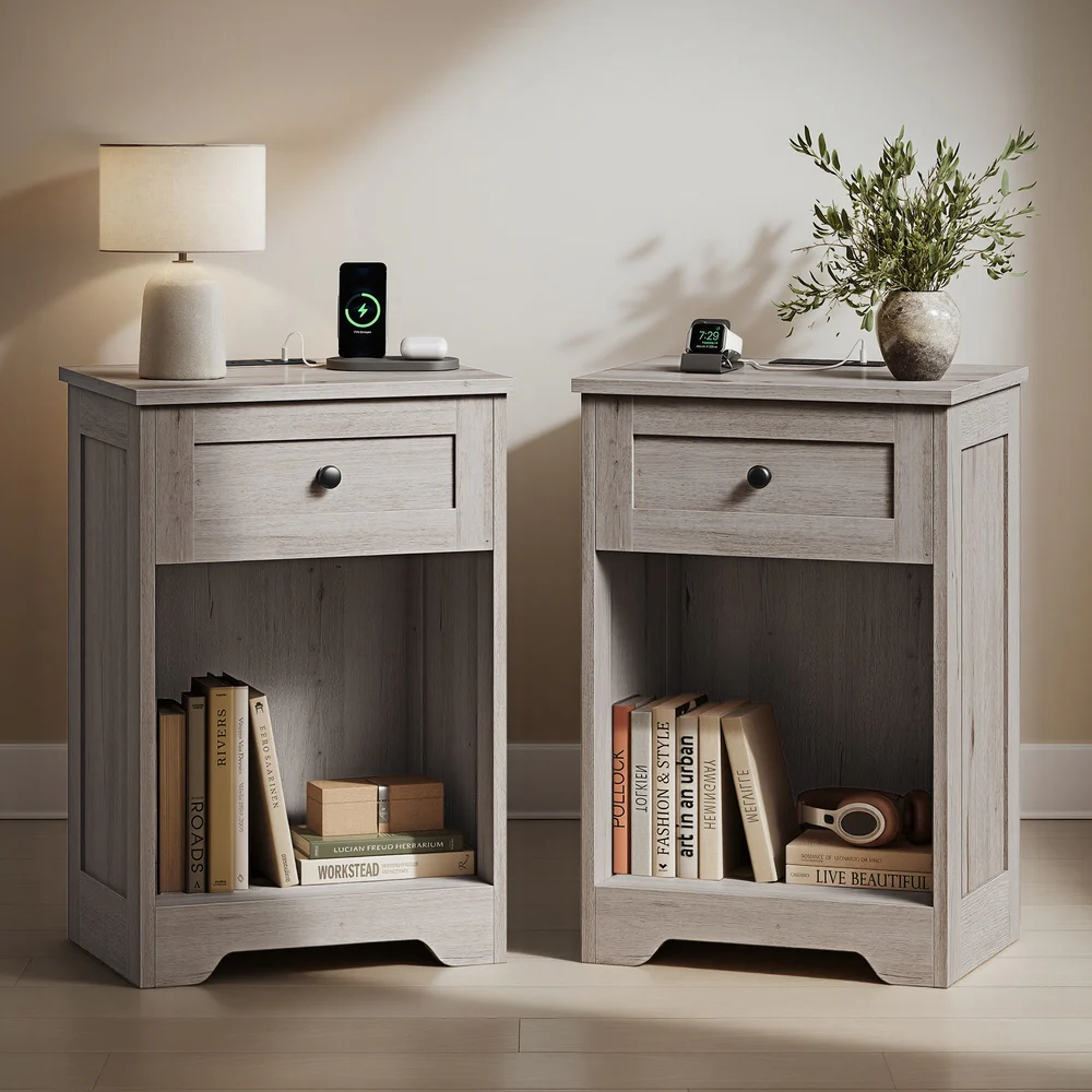 Farmhouse nightstand with charging station and drawer - Image 3