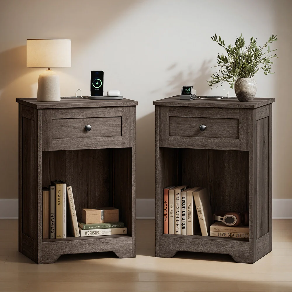 Farmhouse nightstand with charging station and drawer - Image 4