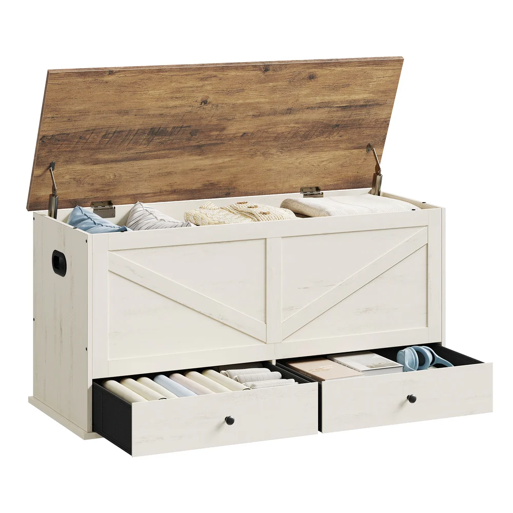 Farmhouse storage bench with fabric drawers for entryway or bedroom