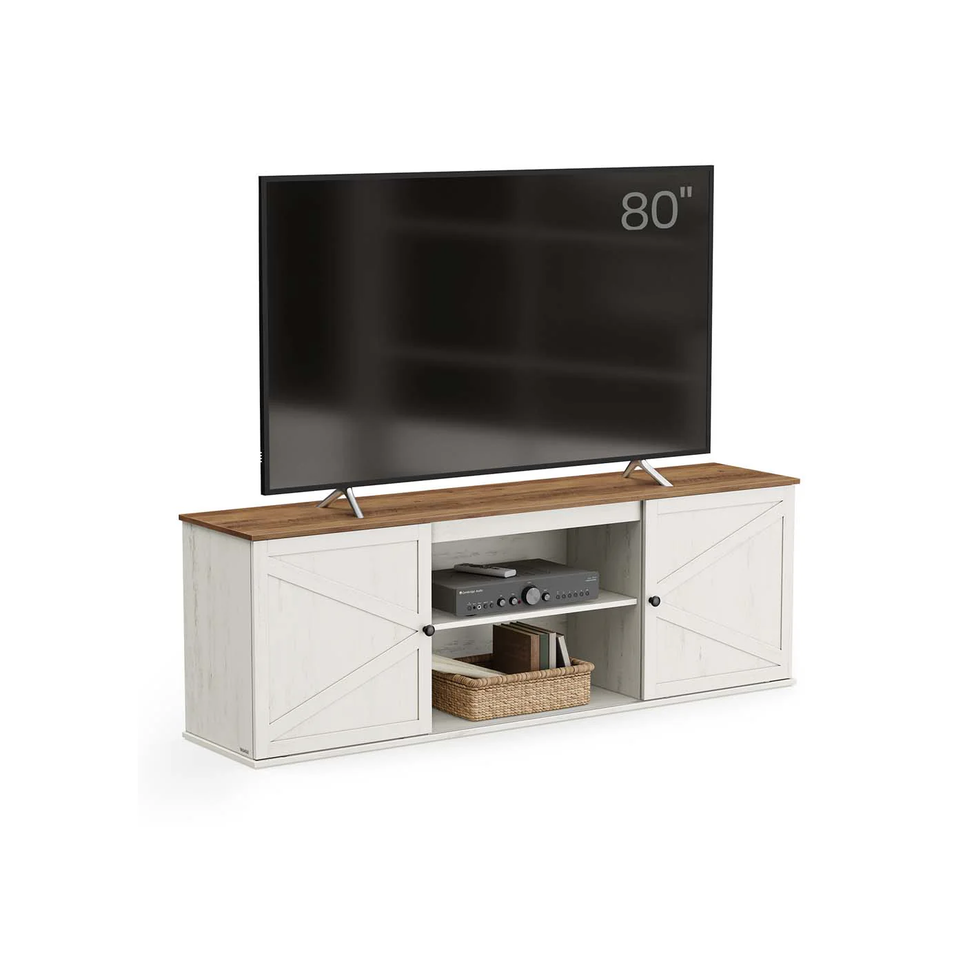 Farmhouse TV stand with storage cabinets and sliding barn doors