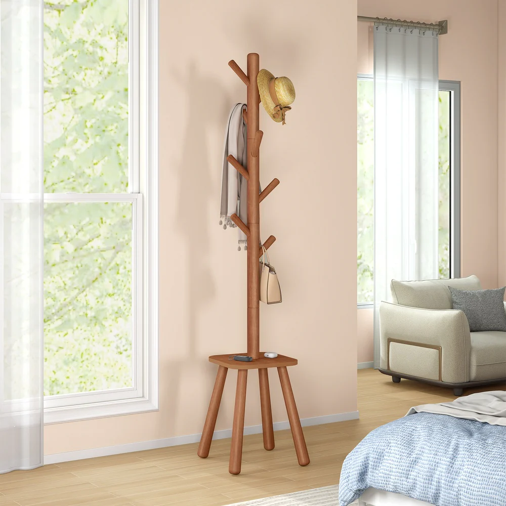 Tall freestanding coat rack with hooks and shelf for entryway