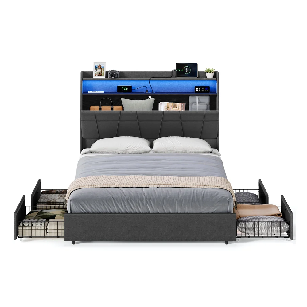 Bed Frame Queen Size with LED Lights, Charging Station