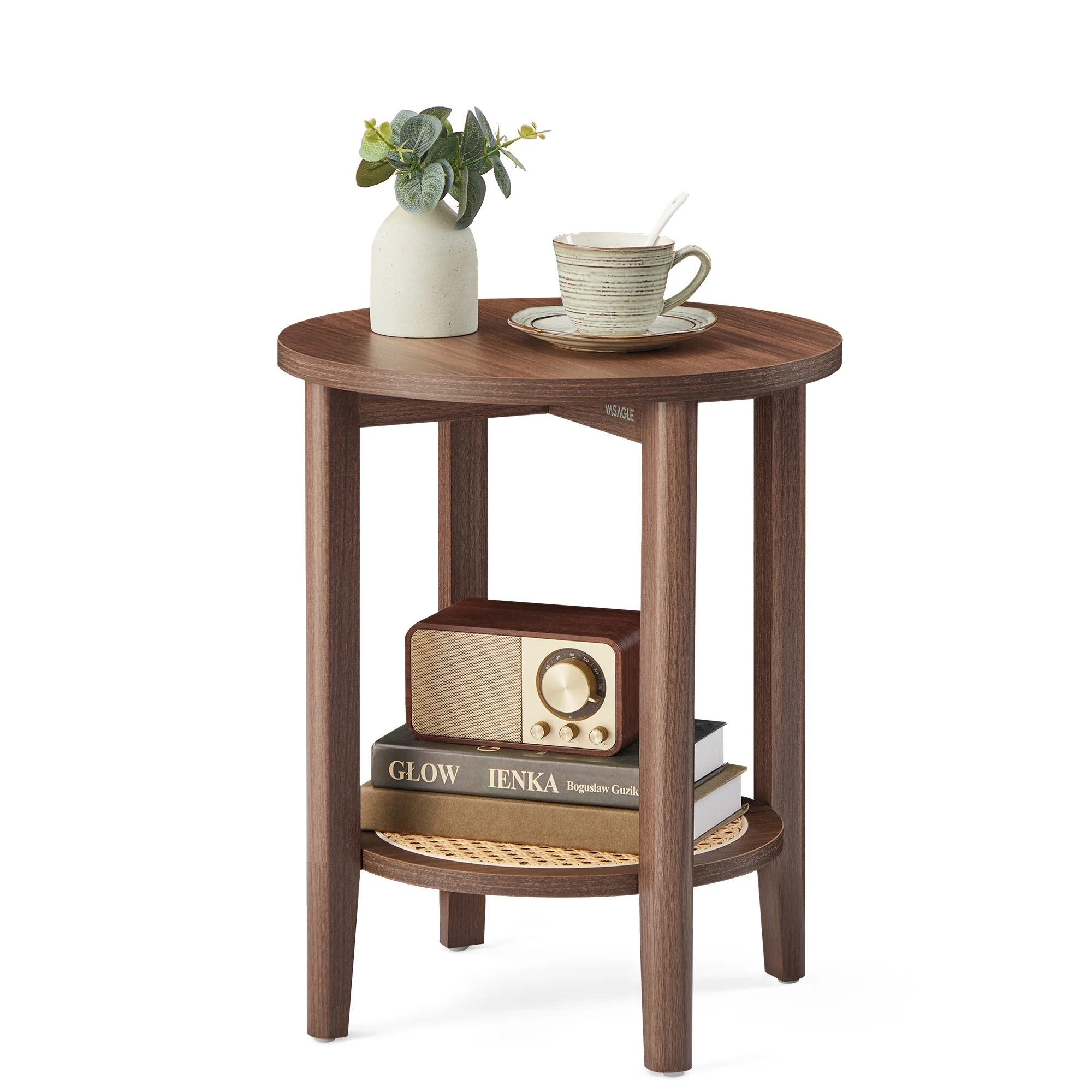 Round Side End Table, 2-Tier Boho Bedside Table with Rattan-Look Storage Shelf
