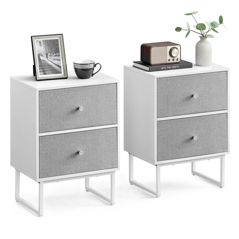 Set of 2 Bed Side Tables with Fabric Drawers Cloud White and Dove - Image 2