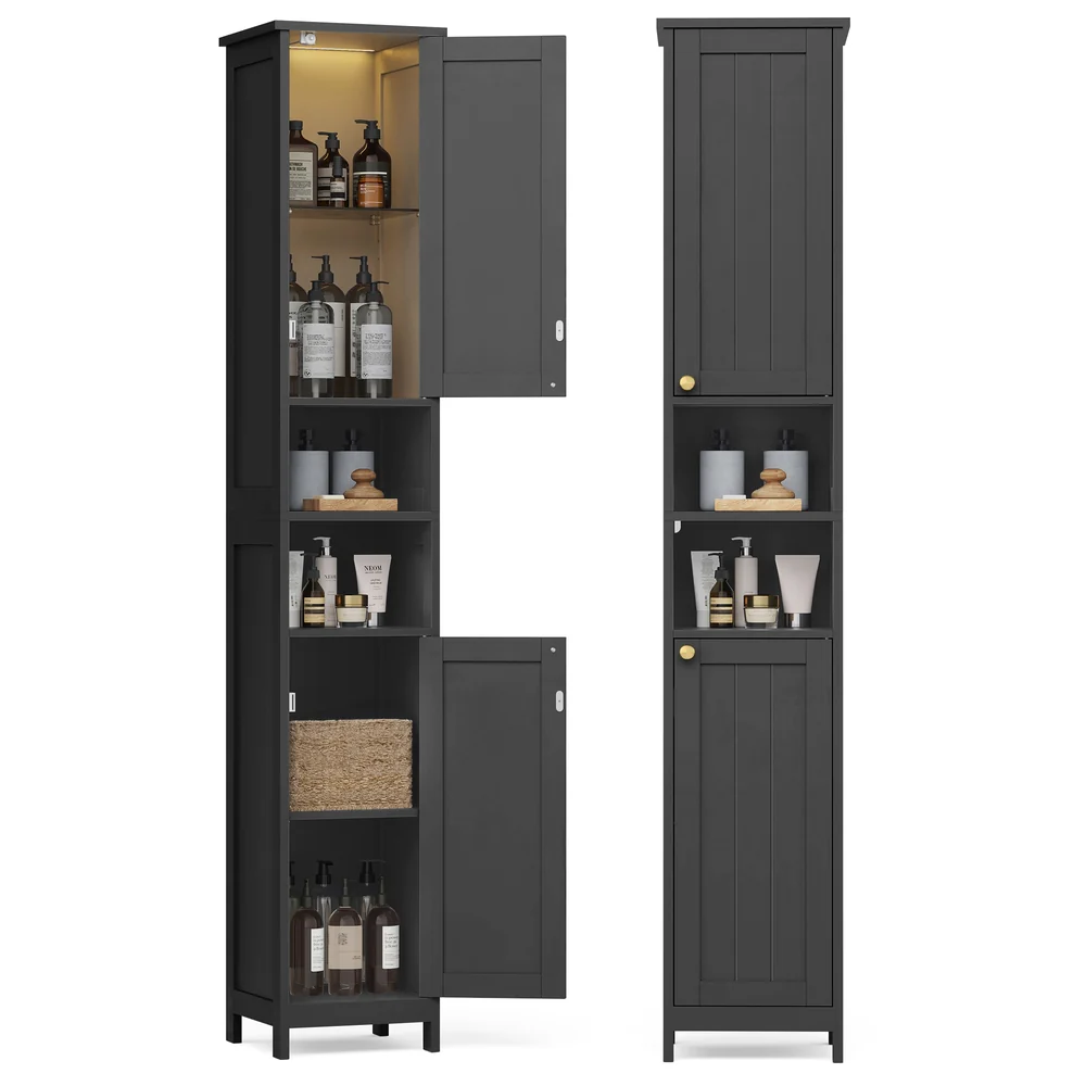 Tall storage cabinet with lights adjustable shelves for small spaces